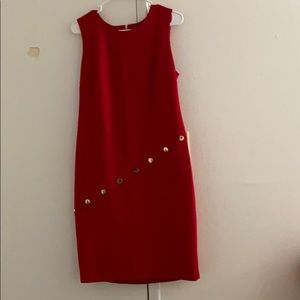 Bright red Calvin Klein dress gold button trim